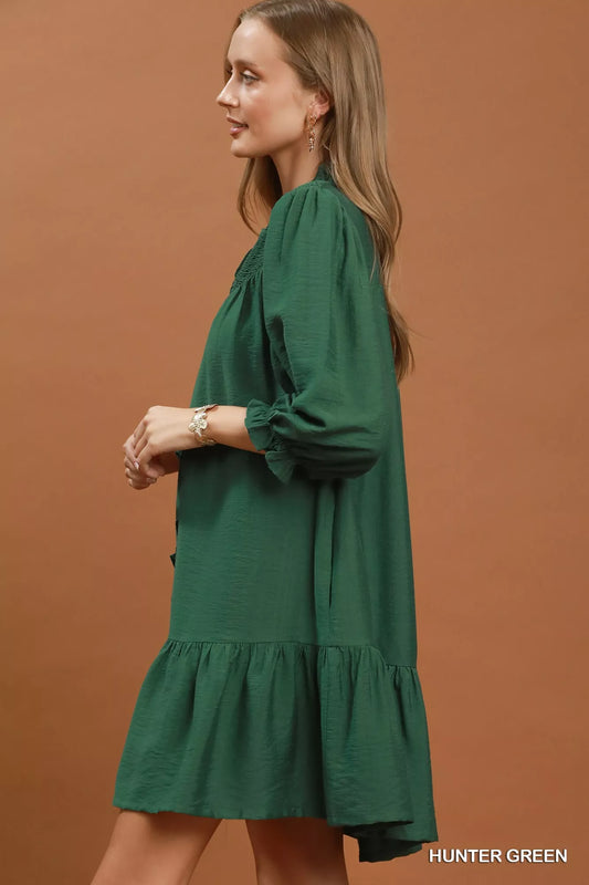 Umgee Smocked Ruffle Detail Tiered Mini Dress - HUNTER GREEN