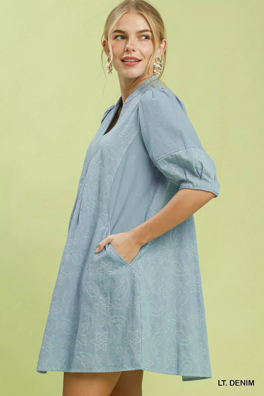 Umgee Print Denim Dress with Contrast Stitch - LT. DENIM