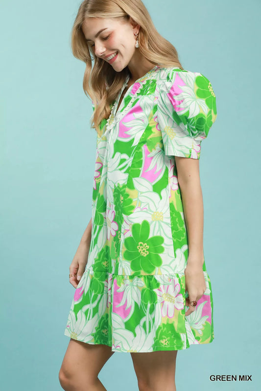 Umgee Floral Puff Sleeve Tiered Mini Dress - GREEN MIX
