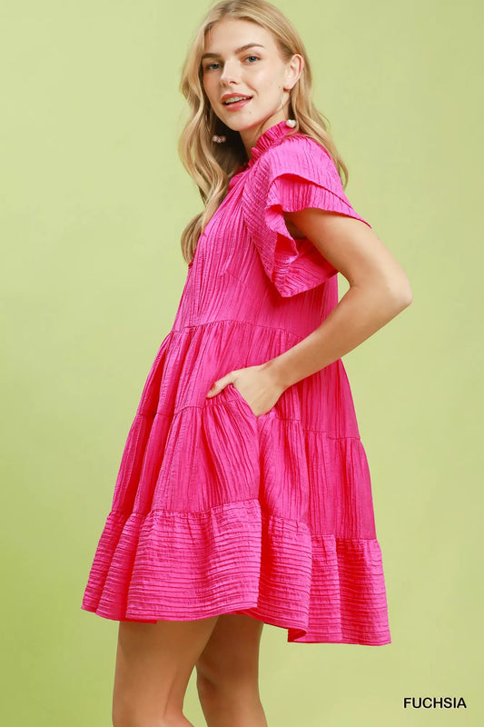 Umgee Tiered Ruffle Sleeve Textured Mini Dress - FUCHSIA