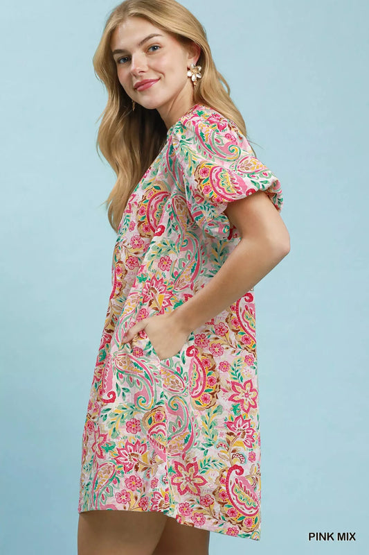 Umgee Paisley Floral Puff Sleeve Shift Dress - PINK MIX
