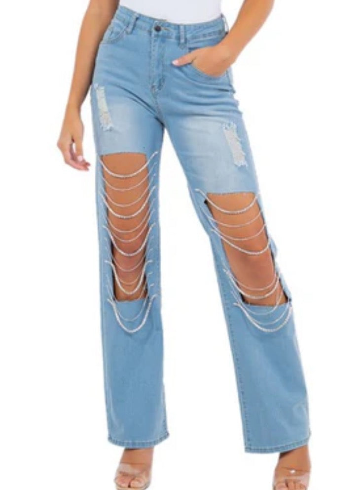 High-waist distressed rhinestone jeans