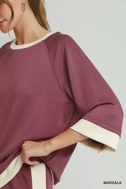 Umgee Colorblock Crewneck Raglan Sleeve Top - MARSALA