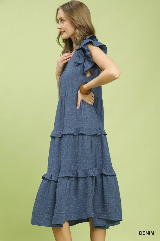 Umgee Textured Ruffle Sleeve Tiered Midi Dress - DENIM
