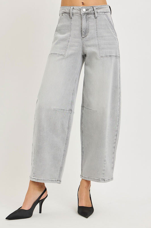 RISEN Slouchy Cropped Barrel Jeans - LIGHT GREY
