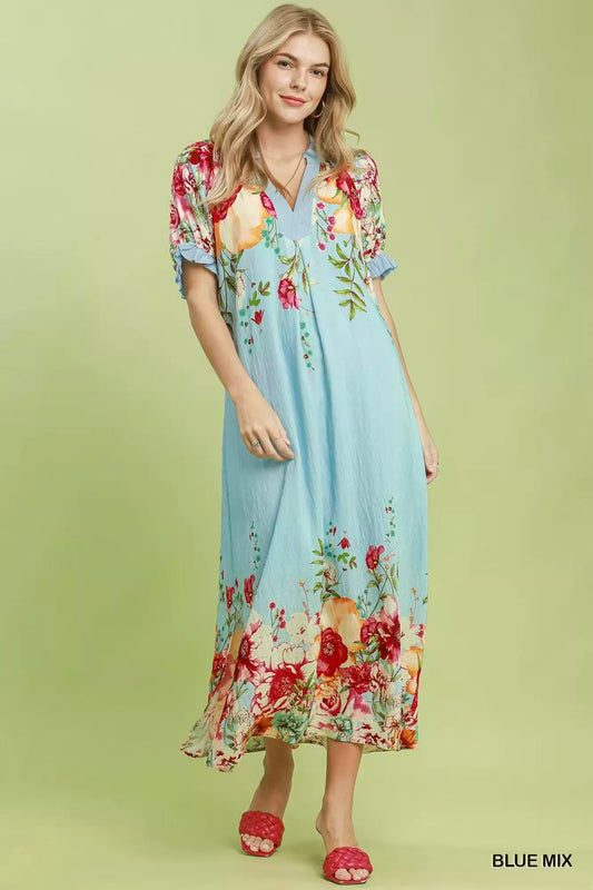 Umgee Mix Floral Border Print Midi Dress - BLUE MIX