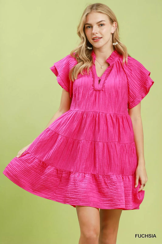 Umgee Tiered Ruffle Sleeve Textured Mini Dress - FUCHSIA
