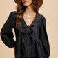 Annie Wear Tie Front Peplum Long Sleeve Denim Top