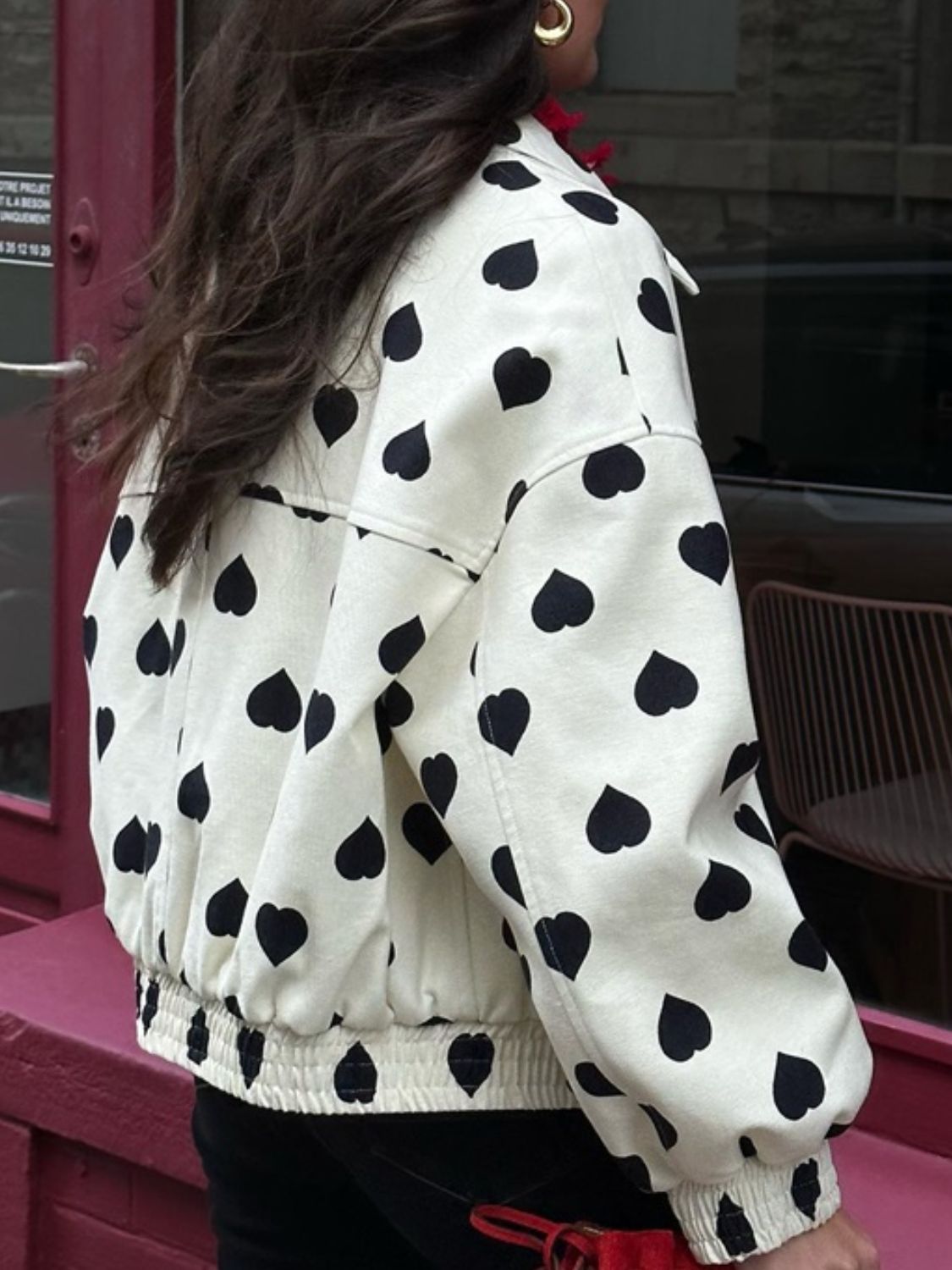 Heart Print Collared Neck Zip Up Jacket