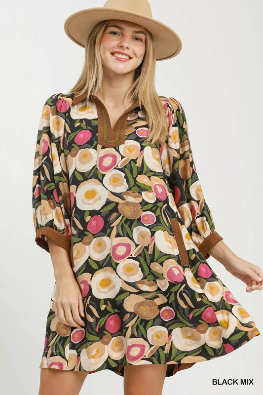 Umgee Mix Floral Contrast Trim Shift Mini Dress - BLACK MIX