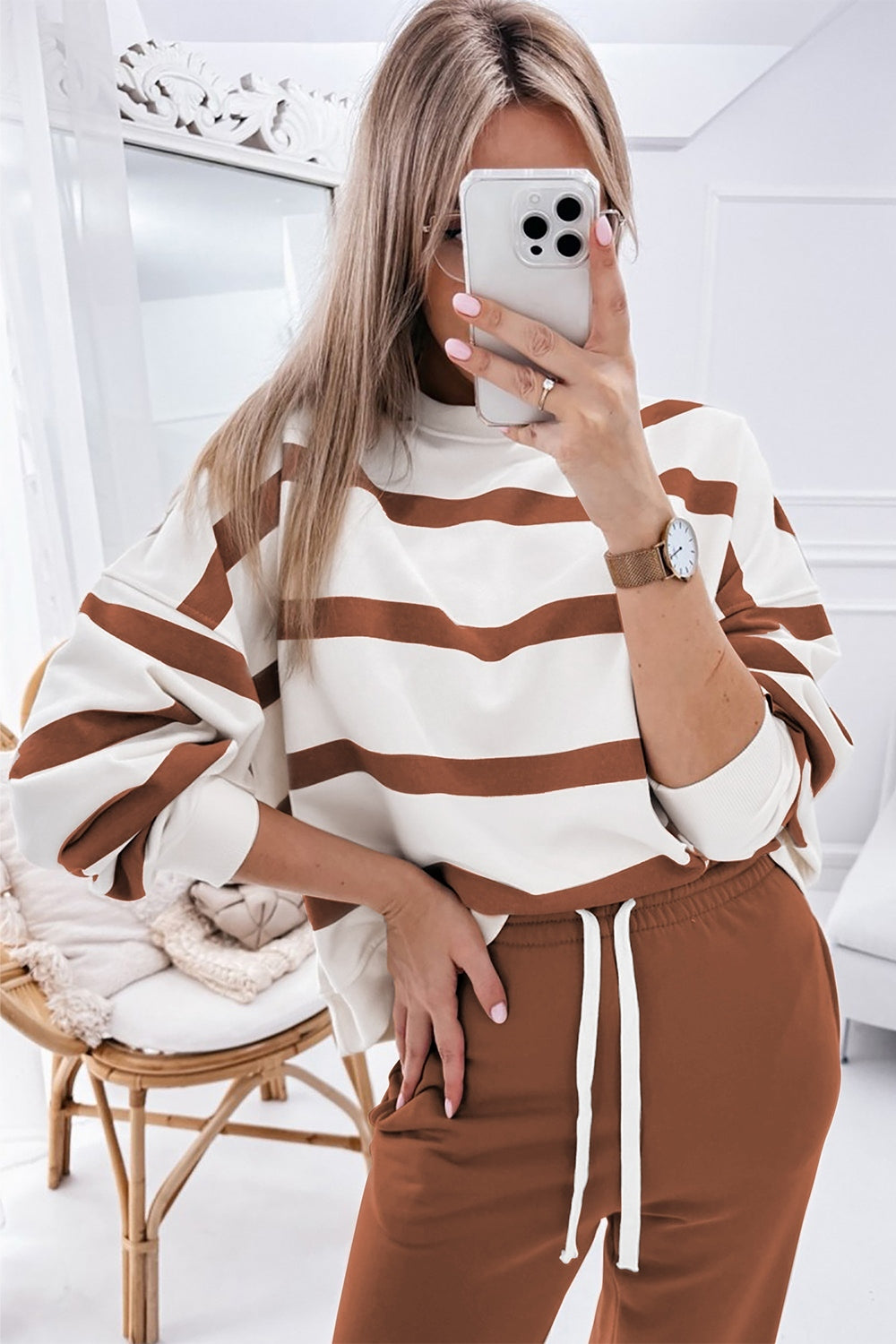 Striped Round Neck Long Sleeve Top and Pants Set