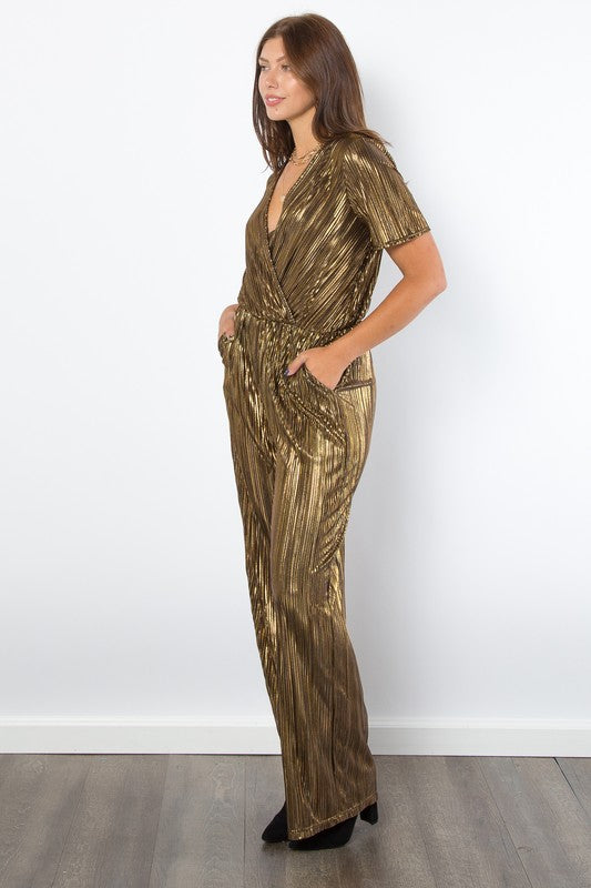 Be Stage Surplice Short Sleeve Pleated Foil Jumpsuit