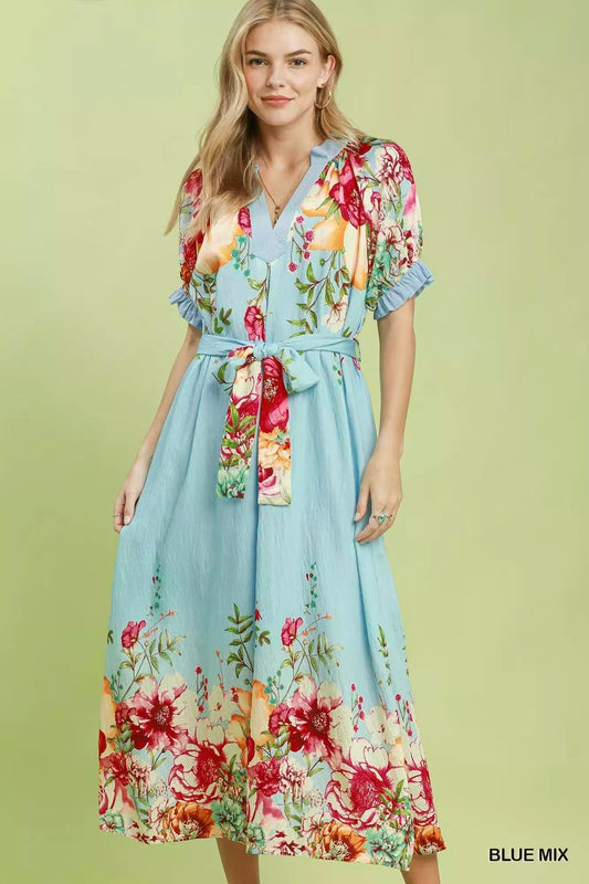 Umgee Mix Floral Border Print Midi Dress - BLUE MIX