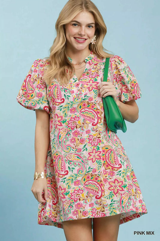 Umgee Paisley Floral Puff Sleeve Shift Dress - PINK MIX