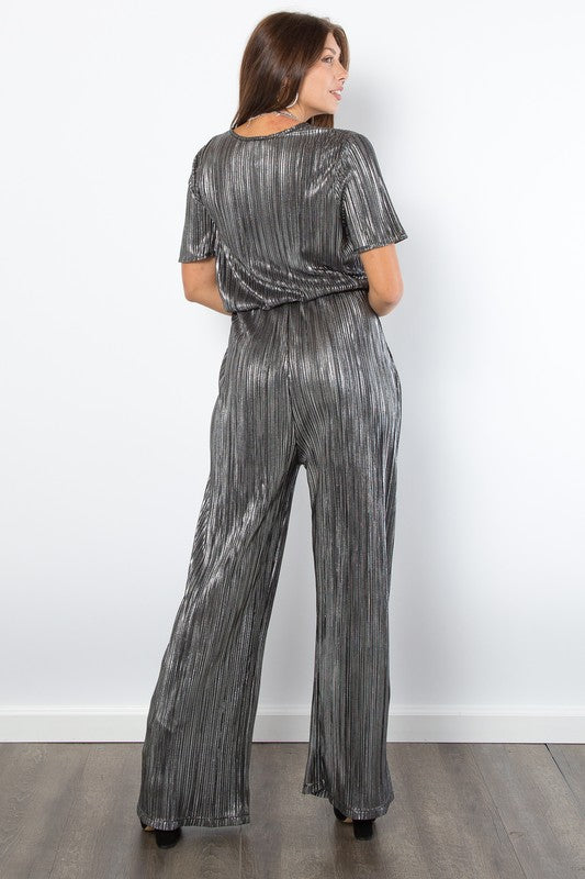 Be Stage Surplice Short Sleeve Pleated Foil Jumpsuit