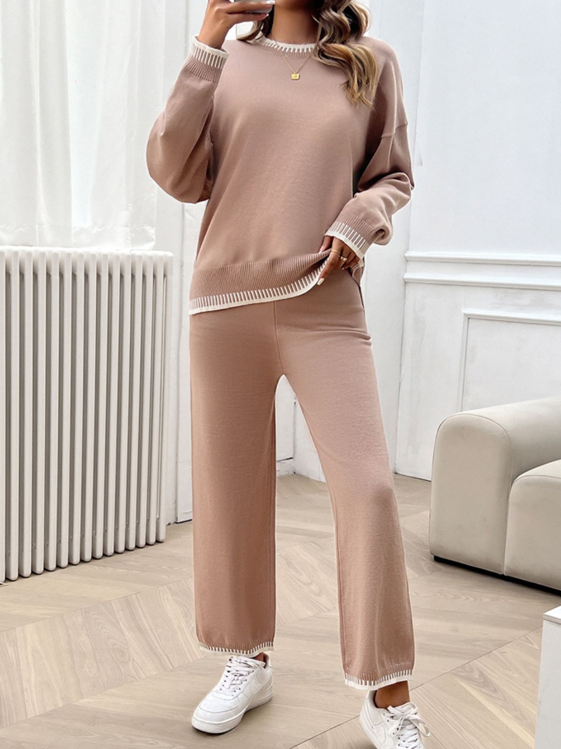 Devine Round Neck Dropped Shoulder Top and Pants Sweater Set