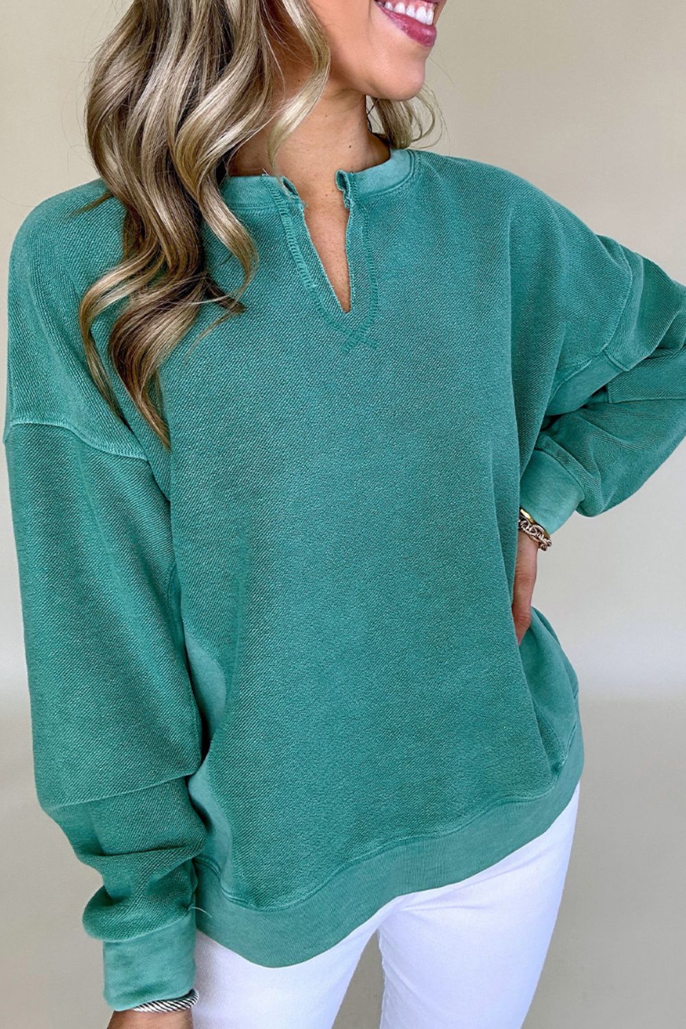 Notched Drop Shoulder Long Sleeve Sweatshirt