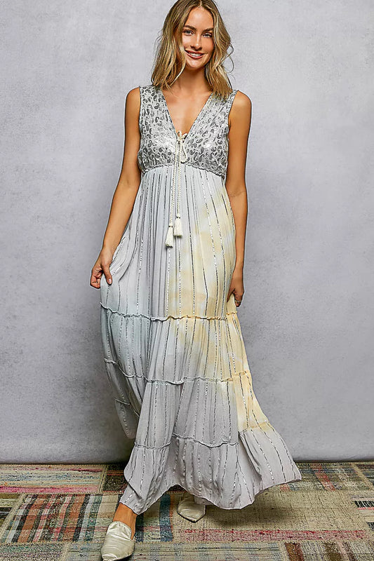 POL Deep V Sleeveless Cotton Bohemian Tiered Maxi Dress - LIGHT GREY MULTI