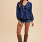 Annie Wear Tie Front Peplum Long Sleeve Denim Top