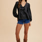 Annie Wear Tie Front Peplum Long Sleeve Denim Top