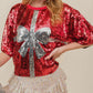 Sequin Bow Graphic Round Neck Half Sleeve T-Shirt