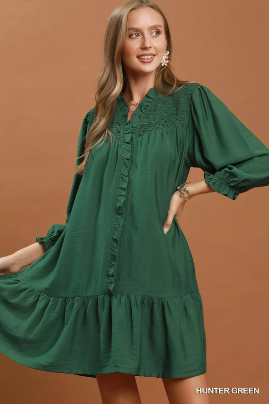 Umgee Smocked Ruffle Detail Tiered Mini Dress - HUNTER GREEN