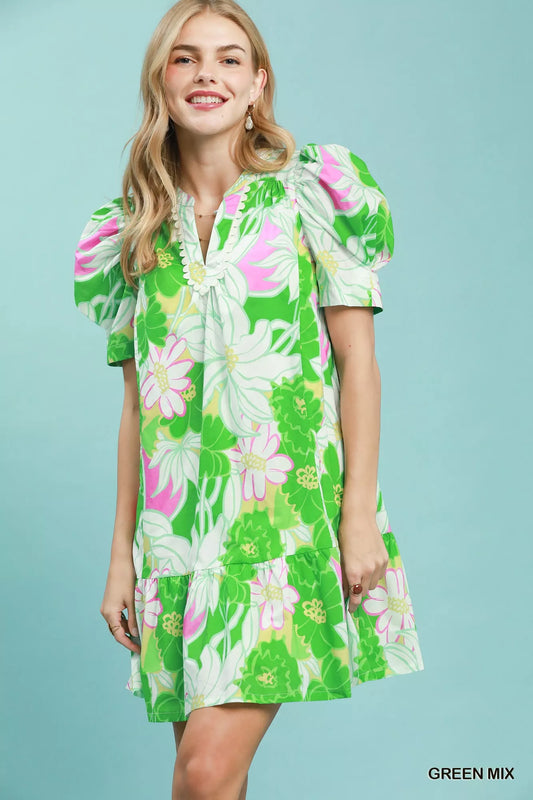 Umgee Floral Puff Sleeve Tiered Mini Dress - GREEN MIX