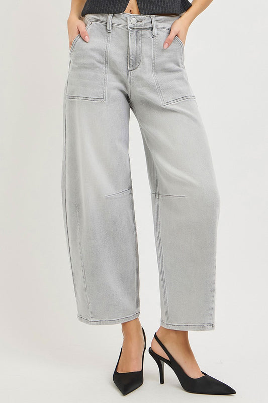 RISEN Slouchy Cropped Barrel Jeans - LIGHT GREY