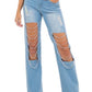 High-waist distressed rhinestone jeans