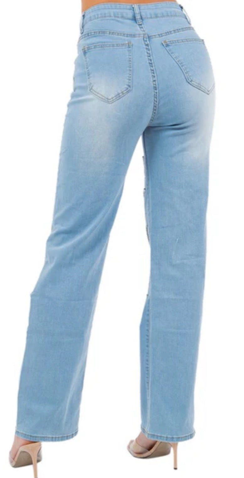 High-waist distressed rhinestone jeans