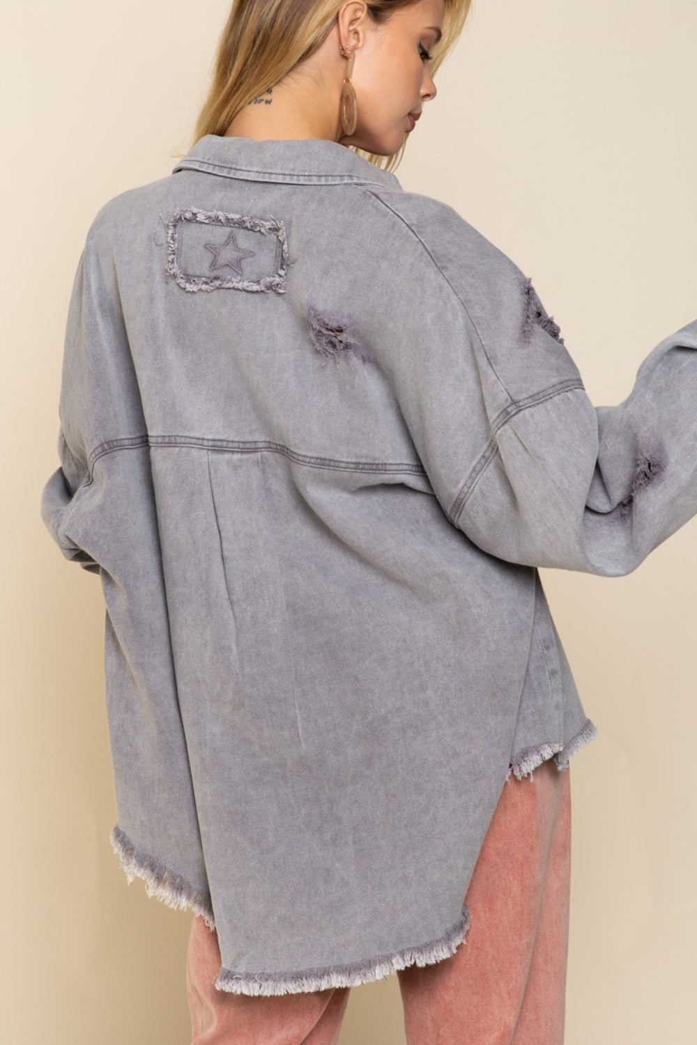 POL Button Down Raw Hem Distressed Shacket