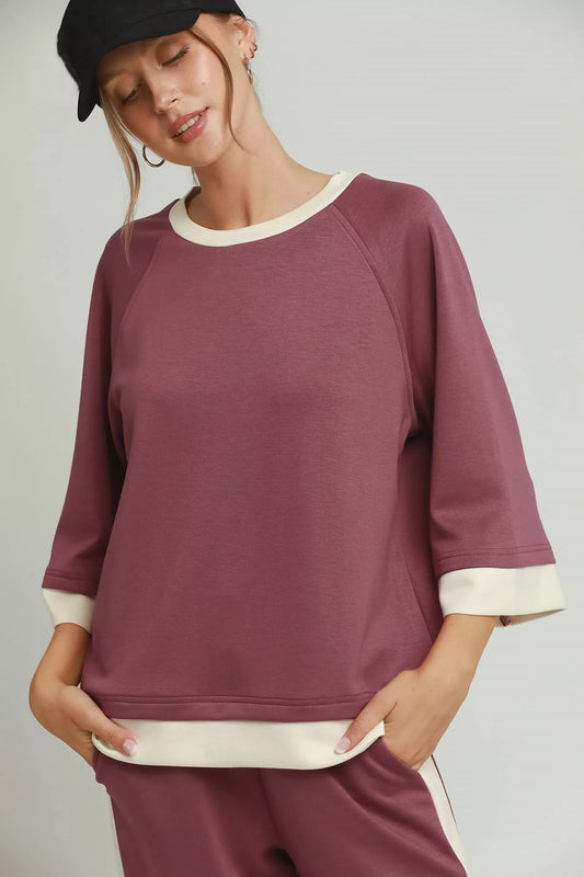 Umgee Colorblock Crewneck Raglan Sleeve Top - MARSALA