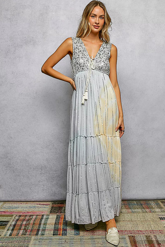 POL Deep V Sleeveless Cotton Bohemian Tiered Maxi Dress - LIGHT GREY MULTI