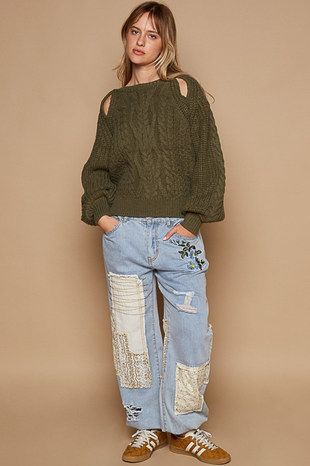 POL Cable Knit Cutout Long Sleeve Sweater