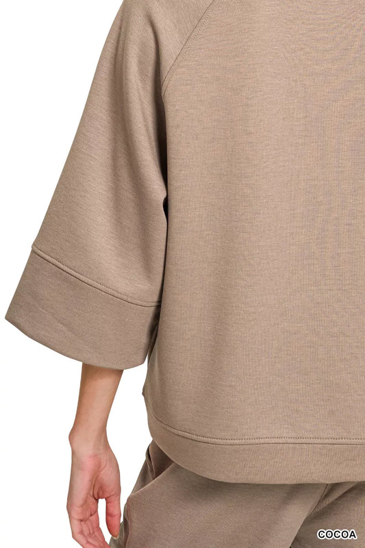 Zenana Scuba 3/4 Sleeve Pullover & Pants Set - COCOA
