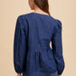 Annie Wear Tie Front Peplum Long Sleeve Denim Top