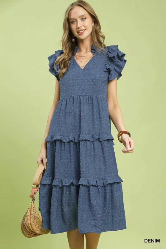 Umgee Textured Ruffle Sleeve Tiered Midi Dress - DENIM