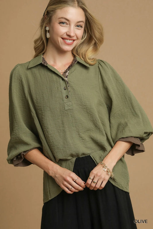 Umgee Half Button Blouse with Leopard Print Trim - Olive