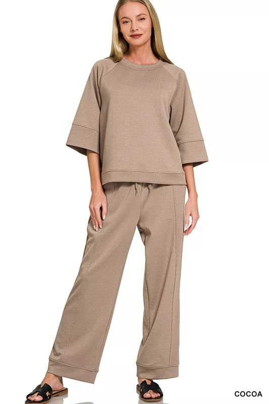 Zenana Scuba 3/4 Sleeve Pullover & Pants Set - COCOA