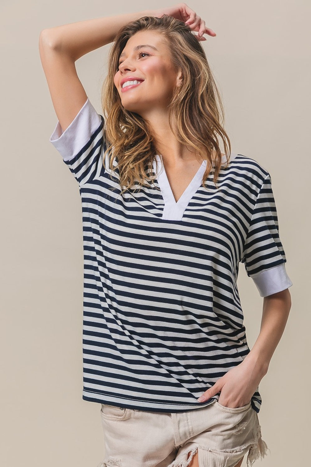 BiBi Contrast Striped Notched Knit Top