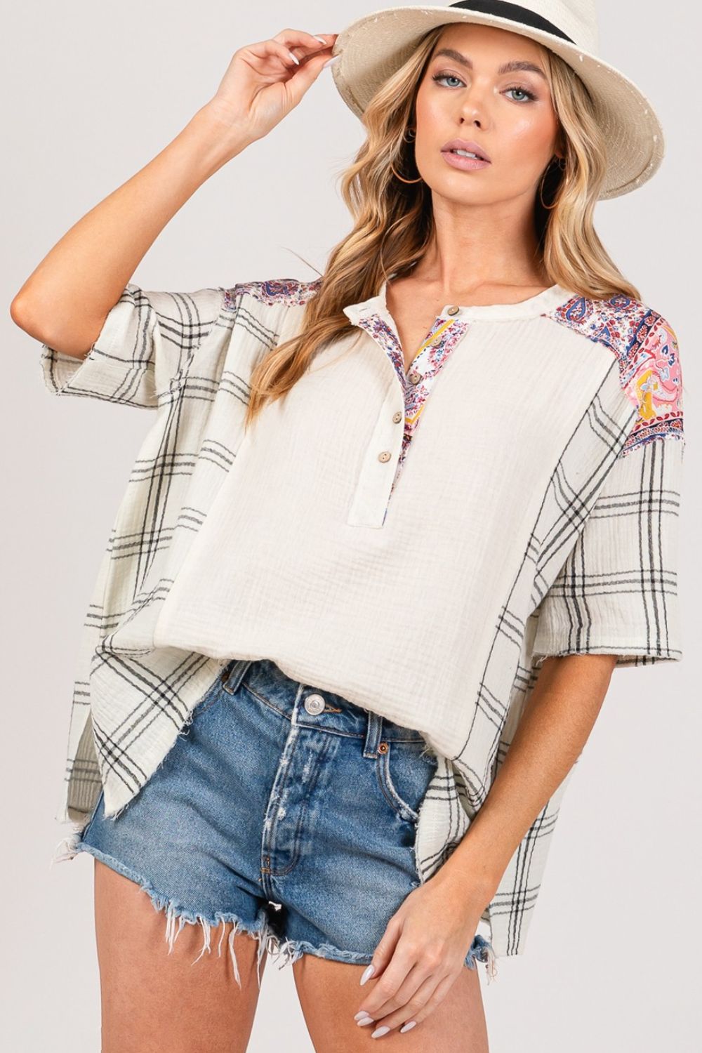 SAGE + FIG Plaid Half Button Gauze Top