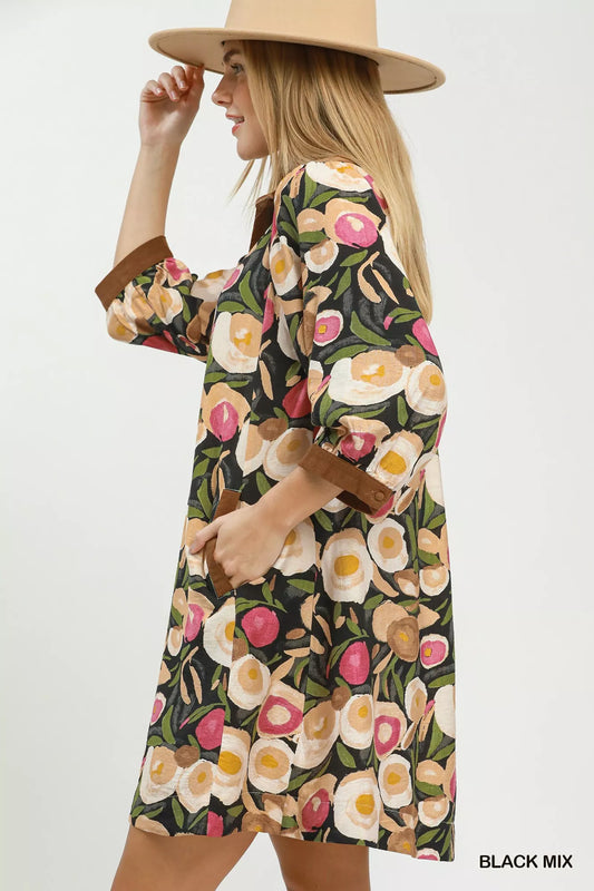Umgee Mix Floral Contrast Trim Shift Mini Dress - BLACK MIX