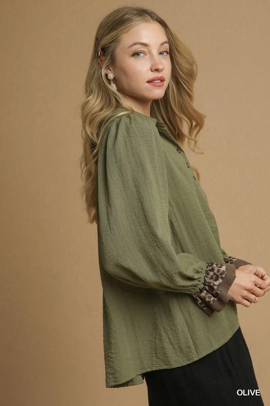 Umgee Half Button Blouse with Leopard Print Trim - Olive