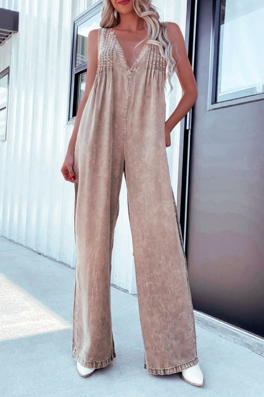 V-Neck Wide Leg Denim Jumpsuit