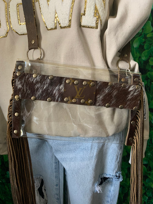 LV Clear Fringe Stadium Crossbody - Brown & White Cowhide - bluehighlandbtq