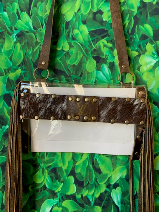 LV Clear Fringe Stadium Crossbody - Brown & White Cowhide - bluehighlandbtq