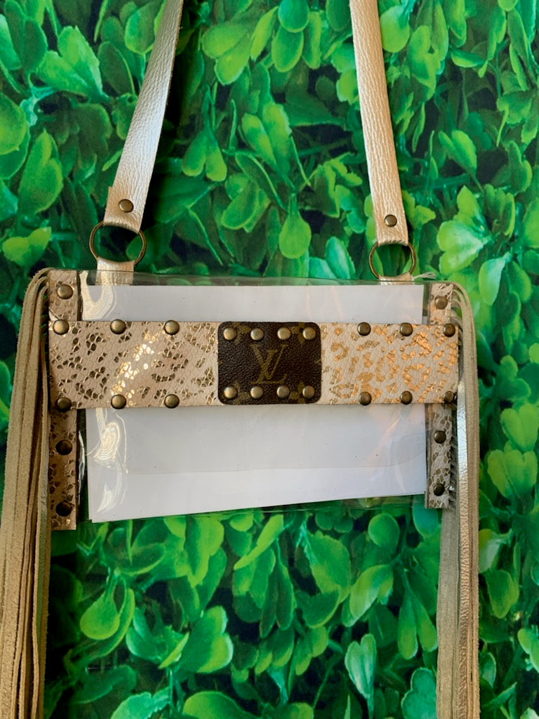 LV Clear Fringe Stadium Crossbody - Cream & Gold Leopard - bluehighlandbtq