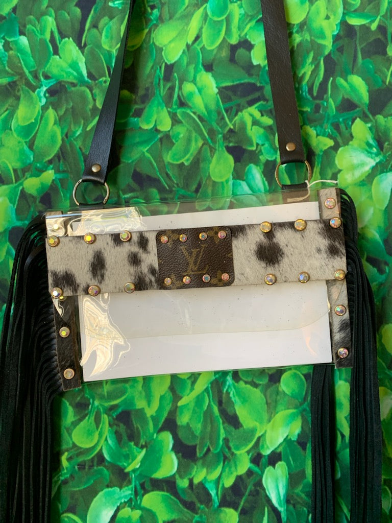 LV Clear Fringe Stadium Crossbody - White & Black Cowhide - bluehighlandbtq