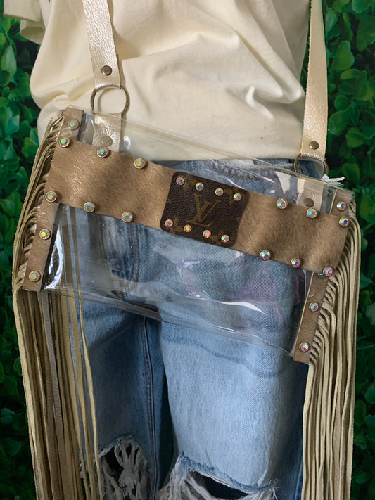 LV Clear Fringe Stadium Crossbody - Cream & Brown Cowhide - bluehighlandbtq